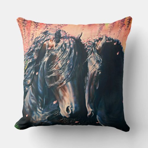 Friesian black stallion and mare in wisteria throw throw pillow
