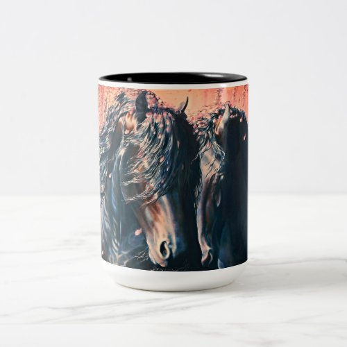 Friesian black stallion and mare in wisteria throw Two_Tone coffee mug