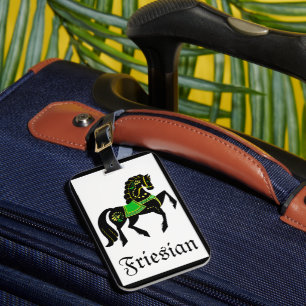 Friesian, black stallion/folk Friesian image green Luggage Tag
