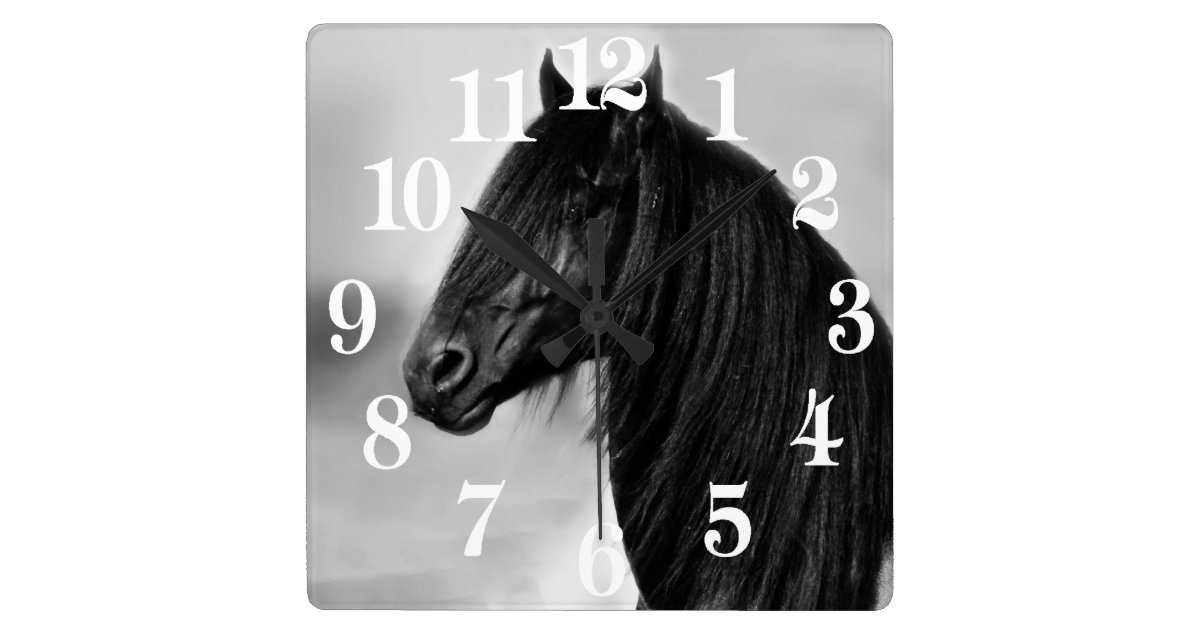 Friesian black stallion horse square wall clock