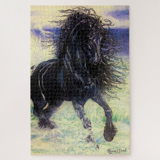 Friesian black stallion  in ocean waves cartooned jigsaw puzzle (Vertical)