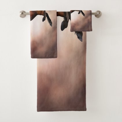 Friesian brown horse rearing up with missy clouds bath towel set