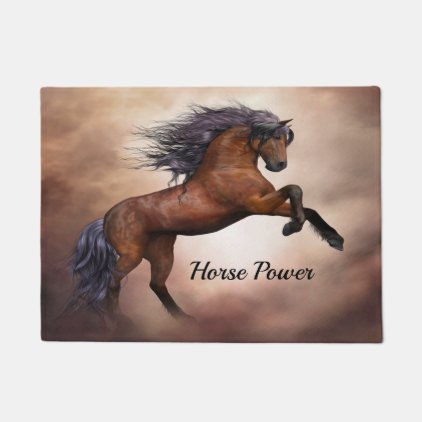 Friesian brown horse rearing up with missy clouds doormat