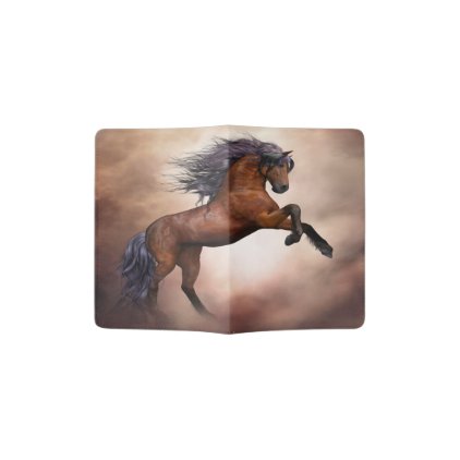 Friesian brown horse rearing up with missy clouds passport holder
