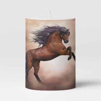 Friesian brown horse rearing up with missy clouds pillar candle