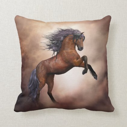 Friesian brown horse rearing up with missy clouds throw pillow