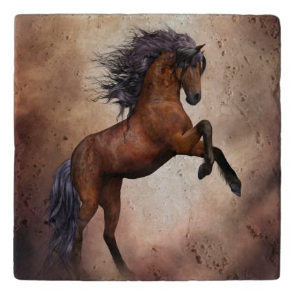 Friesian brown horse rearing up with missy clouds trivet