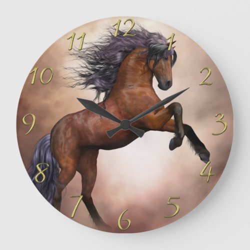 Friesian brown horse rearing up with misty clouds1 large clock