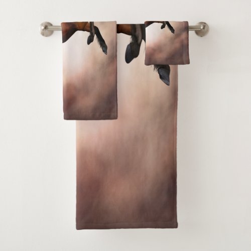 Friesian brown horse rearing up with misty clouds bath towel set