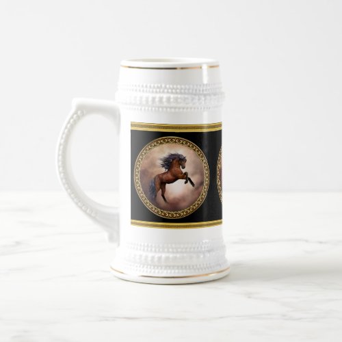 Friesian brown horse rearing up with misty clouds beer stein