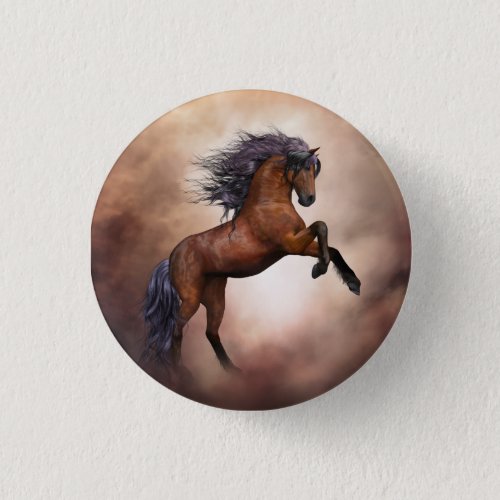 Friesian brown horse rearing up with misty clouds button