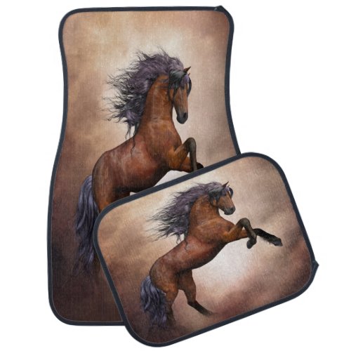 Friesian brown horse rearing up with misty clouds car mat