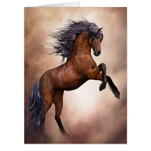Friesian brown horse rearing up with misty clouds card