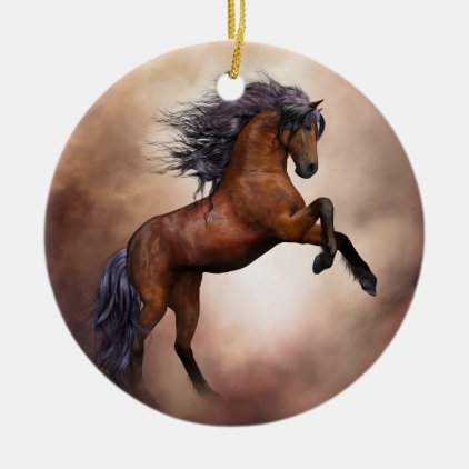 Friesian brown horse rearing up with misty clouds ceramic ornament