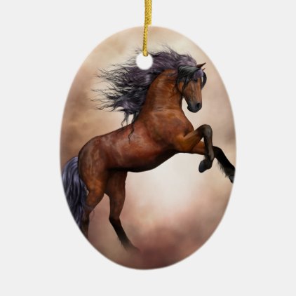 Friesian brown horse rearing up with misty clouds ceramic ornament