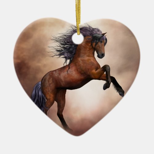 Friesian brown horse rearing up with misty clouds ceramic ornament