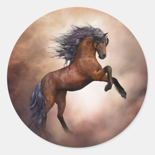 Friesian brown horse rearing up with misty clouds classic round sticker