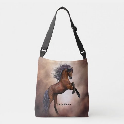Friesian brown horse rearing up with misty clouds crossbody bag