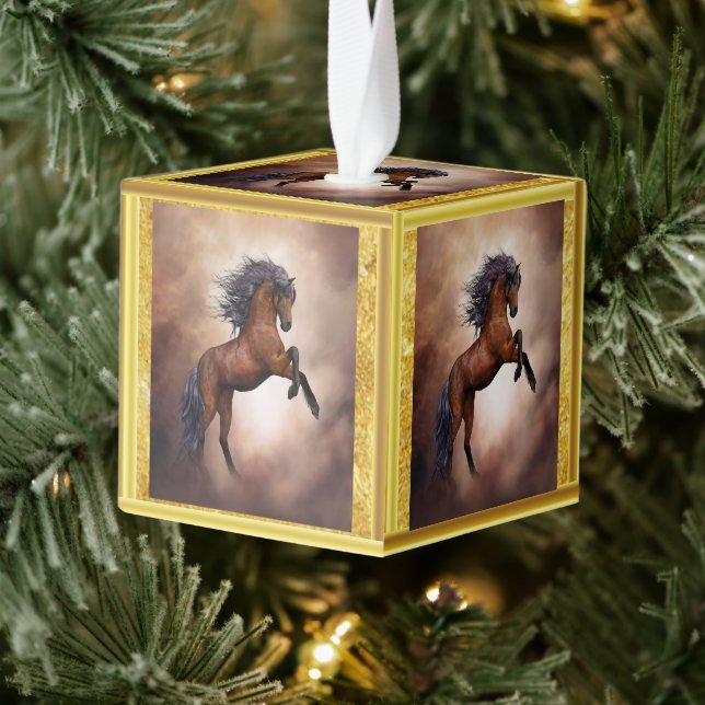 Friesian brown horse rearing up with misty clouds cube ornament (Tree)