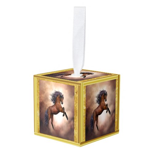 Friesian brown horse rearing up with misty clouds cube ornament