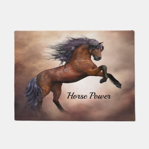 Friesian brown horse rearing up with misty clouds doormat