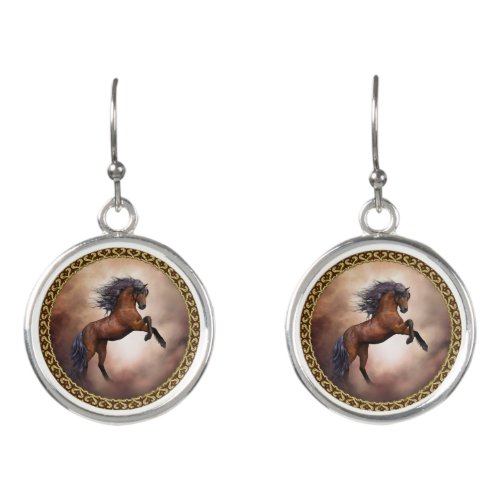 Friesian brown horse rearing up with misty clouds earrings