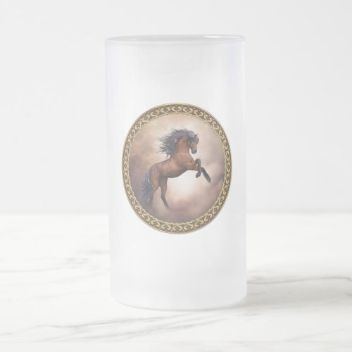 Friesian brown horse rearing up with misty clouds frosted glass beer mug