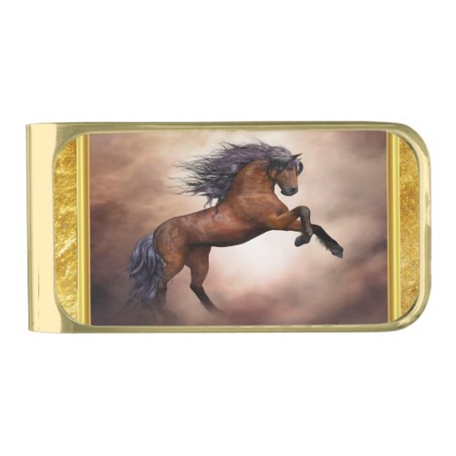 Friesian brown horse rearing up with misty clouds gold finish money clip