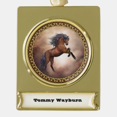 Friesian brown horse rearing up with misty clouds gold plated banner ornament