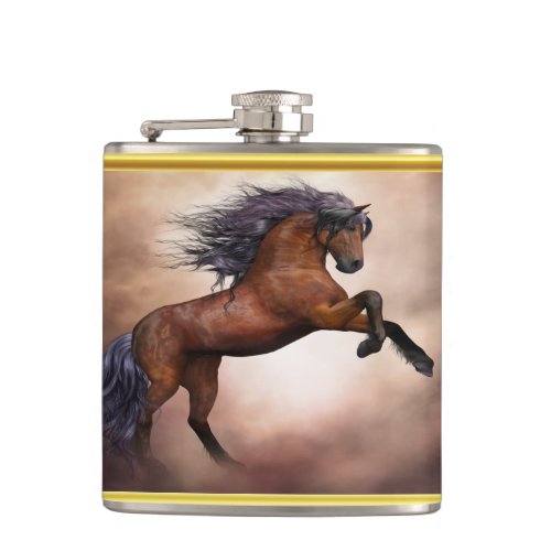 Friesian brown horse rearing up with misty clouds hip flask