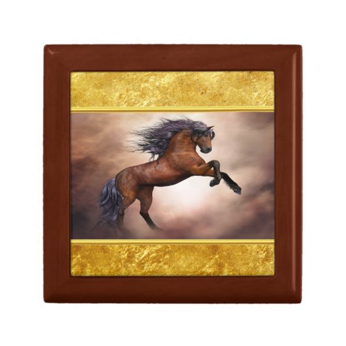Friesian brown horse rearing up with misty clouds keepsake box