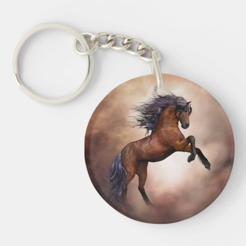 Friesian brown horse rearing up with misty clouds keychain