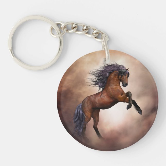 Friesian brown horse rearing up with misty clouds keychain (Front)