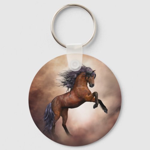 Friesian brown horse rearing up with misty clouds keychain