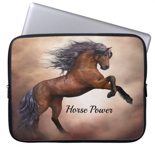 Friesian brown horse rearing up with misty clouds laptop sleeve