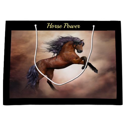 Friesian brown horse rearing up with misty clouds large gift bag