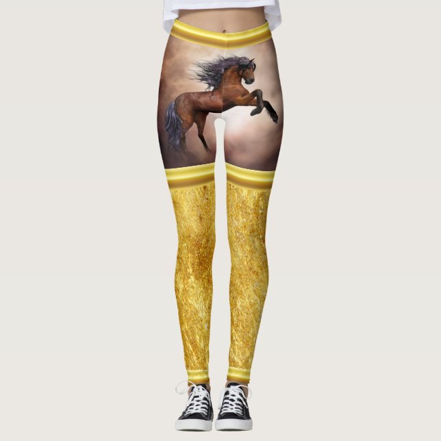 Friesian brown horse rearing up with misty clouds leggings (Front)