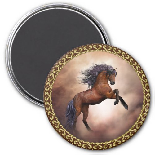 Friesian brown horse rearing up with misty clouds magnet