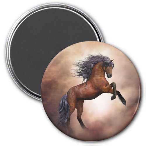 Friesian brown horse rearing up with misty clouds magnet