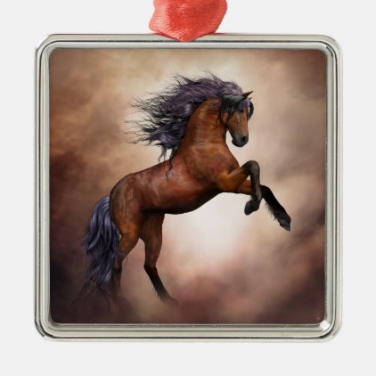 Friesian brown horse rearing up with misty clouds metal ornament
