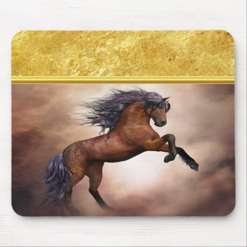 Friesian brown horse rearing up with misty clouds mouse pad