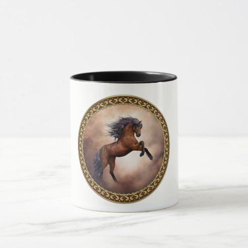 Friesian brown horse rearing up with misty clouds mug