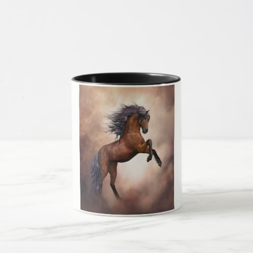 Friesian brown horse rearing up with misty clouds mug