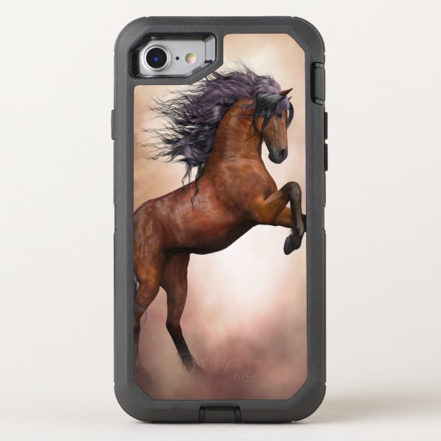 Friesian brown horse rearing up with misty clouds otterbox iPhone case (Back)