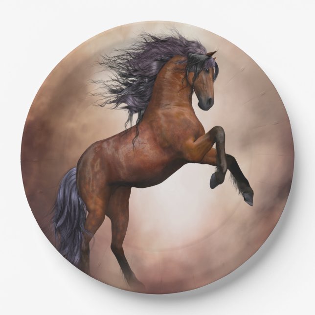 Friesian brown horse rearing up with misty clouds paper plates (Front)