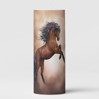 Friesian brown horse rearing up with misty clouds pillar candle