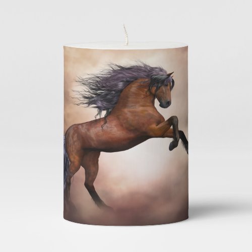 Friesian brown horse rearing up with misty clouds pillar candle