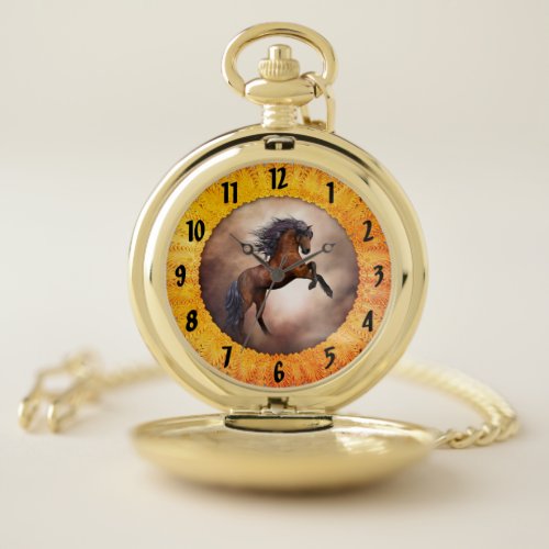 Friesian brown horse rearing up with misty clouds pocket watch