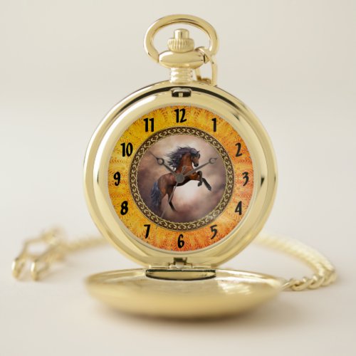 Friesian brown horse rearing up with misty clouds pocket watch