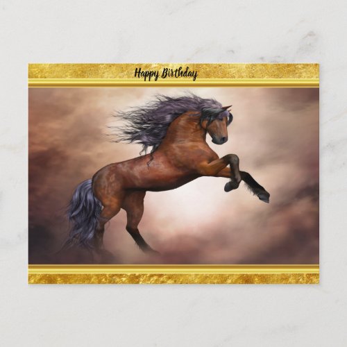 Friesian brown horse rearing up with misty clouds postcard